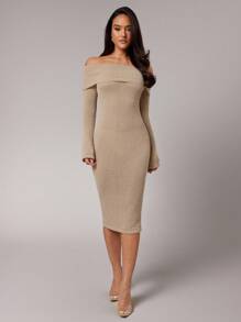 Silquee Women's Solid Color Off Shoulder Fitted Elegant Long Sleeve Sweater Dress,Fall Women Clothes, , Beige Dress Women, Tan Dress Women, Off The Shoulder Dress, Long Sleeve Midi Dress,Street Dress, Prom Dress,Airport Outfit For Women,Nude Dress