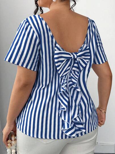 Elenzga Blusa de verano de moda informal de vacaciones con espalda descubierta, lazo, volantes y rayas, blusa a rayas, blusa con lazo en la espalda, blusas a rayas, blusas con lazo, blusas para mujer de verano