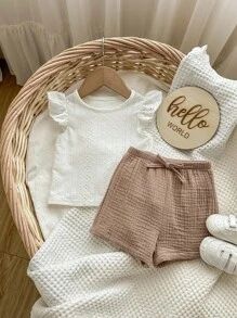Baby Girl Summer Cute White Top And Elastic Waist Shorts Set