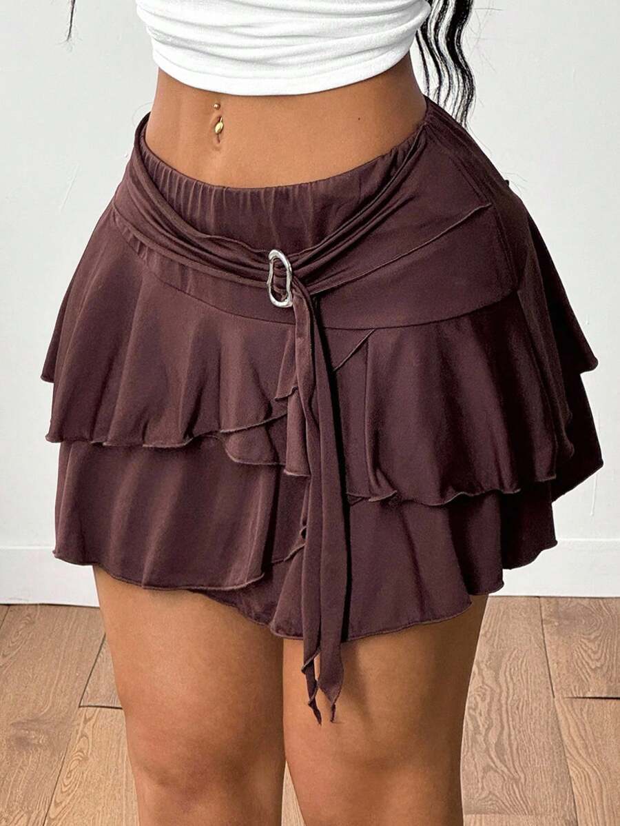 Coolane Váy ngắn màu nâu vintage dây đeo phong cách phương Tây đi chơi mùa hè cho nữ - màu nâu - Xem 1