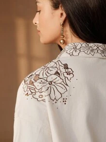 Anewsta 女士时尚刺绣牛仔夹克 - 米色 - 查看 1