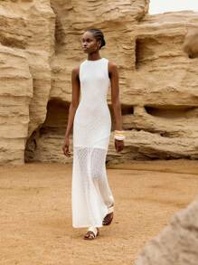 Lumivelle Elegant White Women's Sleeveless Knitted Maxi Dress With Stand Collar And Semi-Sheer Detail - White - View 6