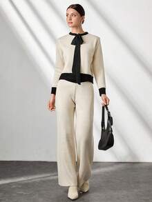 CLARA VERO Woman Bow Tie Neck Contrast Detailed Sweater And Pants Two Pieces Set - Beige - View 5