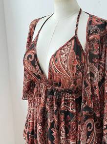 Flirla 节日、波西米亚风、嬉皮士风、牛仔装、新设计感老钱风、西部风、度假风、性感透视V领细肩带修身雪纺连衣裙，搭配长喇叭袖耸肩两件套西部风情装、夏季女装 - 彩色 - 查看 7