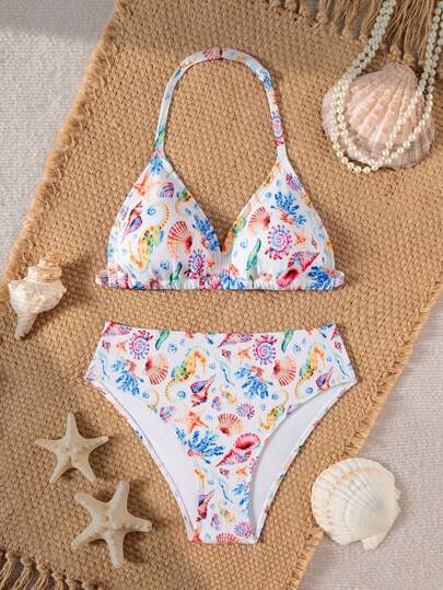 青少年女孩比基尼套装，海洋动物印花吊带设计，针织罗纹面料，时尚泳装套装，适合海滩度假、夏季游泳