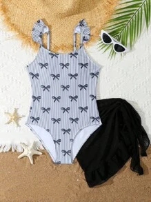 女童连体泳衣，带可爱蝴蝶结和条纹花卉图案，两件套，含裙子 - 黑與白 - 查看 1