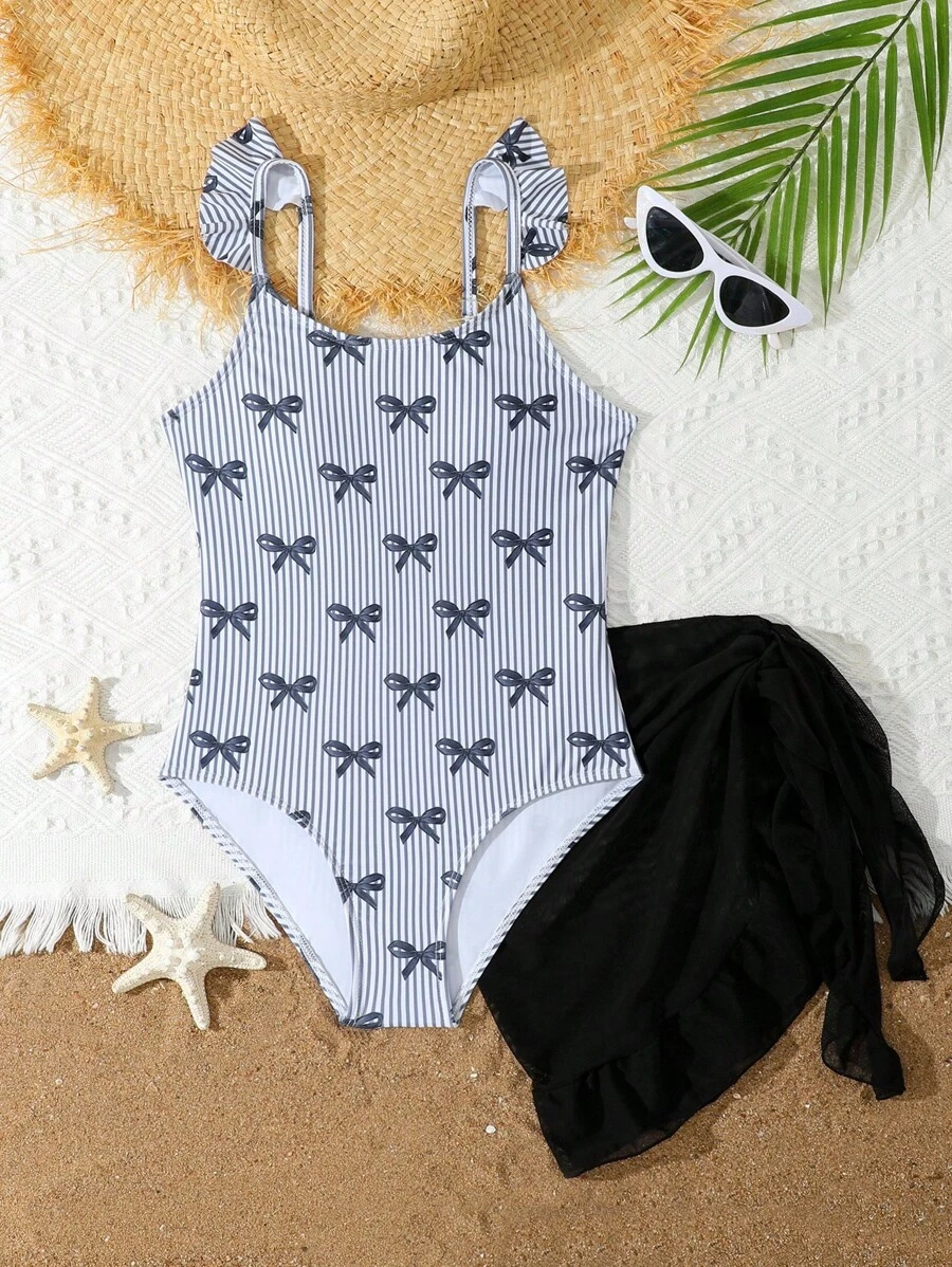 女童连体泳衣，带可爱蝴蝶结和条纹花卉图案，两件套，含裙子 - 黑與白 - 查看 1
