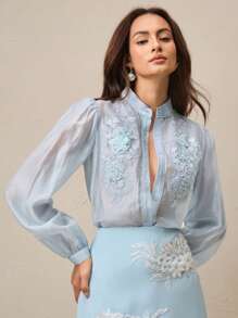 Anewsta Áo sơ mi dài tay một hàng khuy thêu hoa thanh lịch dành cho nữ - Màu xanh lam - Xem 5