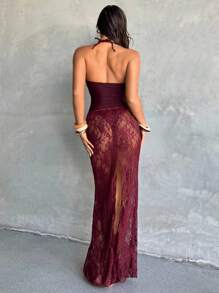 Aloruh Women's New One-Piece Swimsuit, Long Wrap Skirt, Elegant Sexy Romantic Retro Wine Red/Purple Lace Maxi Swimsuit Set, Vacation/Beach Wear, One-Piece Swimsuit - Pink - View 2