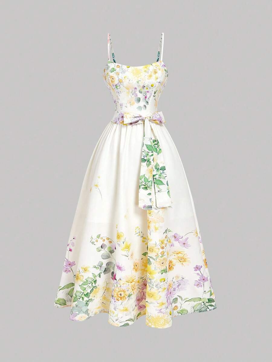 SHEIN MOD Robe de femme à imprimé floral romantique avec nœud papillon - Jaune citron - Voir 1