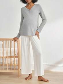 Moonlight&Mama Pijama de maternidad y lactancia informal de unicolor - Gris - Ver 5