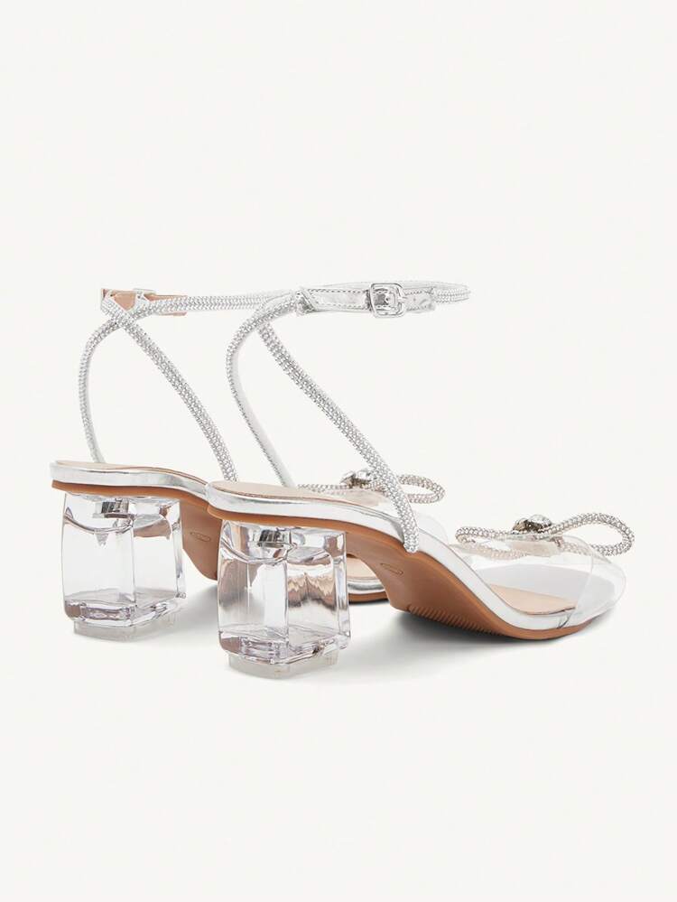 CUCCOO CHICEST Sandalias de tacón alto para mujer con decoración de lazo de cristal brillante, tacones altos de cristal transparente, sandalias brillantes cómodas y versátiles
