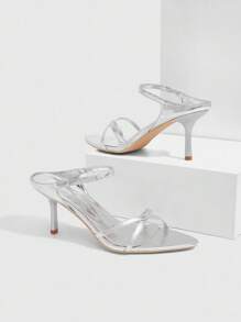 CUCCOO BIZCHIC 女士银色金属格子 PU 绑带时尚性感尖头细高跟凉鞋 - 銀色 - 查看 9