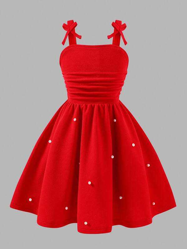 Young Girl Girls Large Red Strap Bow Pleated Cute Sleeveless Midi Dress, Beaded, Pearled, Elegant, Suitable For Party, Casual, Summer