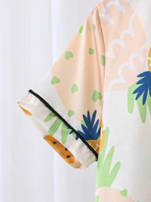 Conjunto de chaqueta tipo cárdigan y pantalón largo casual con estampado todo sobre piña, look minimalista y fresco para niñas preadolescentes