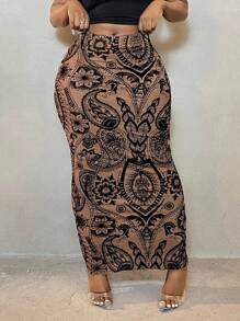 SHEIN SXY Plus Size Women's Spring & Summer Elegant Sexy Daily Basic Khaki Mesh Flocked Paisley Pattern Skirt,Suitable For Western Wear,Cruise Attire,Music Festival,Concert,Carnival Party,BOHO,Bohemian Paisley Printed Women Curve Paisley Maxi Skirt Printed Maxi Skirt Curve Maxi Skirt - Khaki - View 3