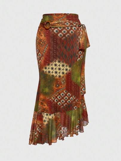 Retro Hippie Asymmetrical Paisley Print Bodycon Fish Tail Circle Waist Plus Size Women Skirt