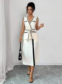 Franclia بدلة صيفية أنيقة للنساء مكونة من سترة ذات لون متباين مع حزام وتنورة، ملابس مناسبة للجامعة - لون مشمشي - مشاهدة 7