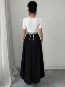 Rafferiza 女士优雅修身圆领针织拼接腰带新中式花卉印花中长连衣裙 - 彩色 - 查看 2