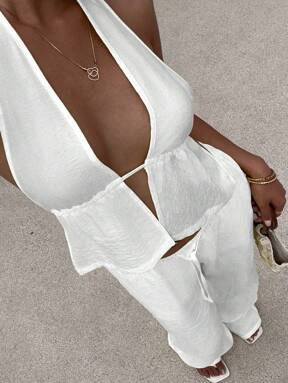 Sunnyshic Set da 2 pezzi, canotta con scollo a V profondo e spalline, senza schienale, e pantaloni larghi vita bassa con coulisse e tasche, casual elegante e sexy, outfit estivo adatto per la spiaggia e le vacanze