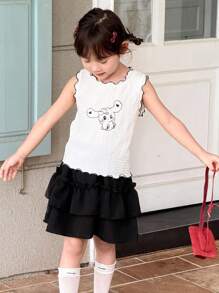 Blossori Young Girl Casual Rabbit Pattern Top/Skirt 2 Piece Set - Black and White - View 4