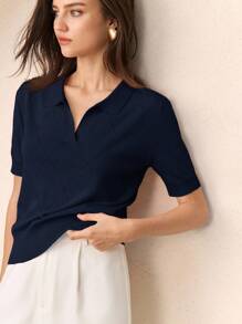 BizChic Navy Blue Polo Collar Diamond Knit Short Sleeve Pullover Sweater For Women, Basic Urban Commute Style, Simple Elegant Business Casual, Suitable For Teachers, Office Wear Fall Tops