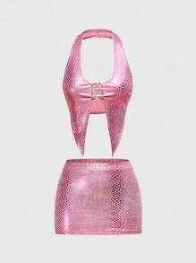 ROMWE Avant Y2K Retro Midriff-Baring 2 Pieces Set For Women, Sexy - Pink - View 1