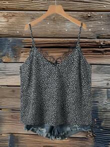 SHEIN VCAY Plus Size Women Leopard Print Spaghetti Strap Loose V-Neck Ruffle Collar Tank Top, Casual Western Style Graphic Pattern Top - Black - View 2