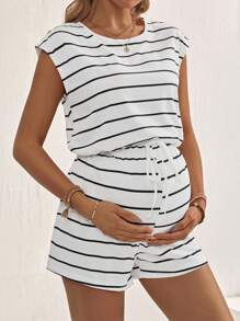SHEIN Mono informal de maternidad de cuello redondo a rayas con cordón en la cintura