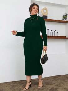 SHEIN Cottnline 100% Cotton Turtleneck Ribbed Knit Sweater Dress - Green - View 5