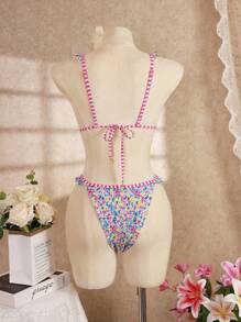 Swim Vcay Baju Renang Wanita Motif Bunga Putih Musim Panas yang Lucu untuk Pesta Kolam Renang, Liburan Pantai, Bikini Segitiga dengan Hiasan Rumbai Warna Kontras dan Tali Bahu yang Dapat Diatur, Liontin - MultiWarna - View 3