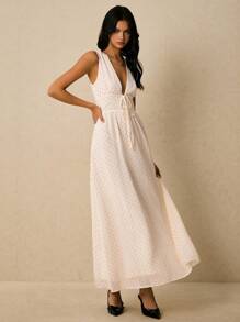 Poéselle Robe à col en V profond sans manches à imprimé pois pour femme - Blanc - Voir 2