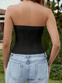 INAWLY Atasan Crop Top Bandeau Wanita Warna Blok dengan Ikatan di Depan Warna Hitam - Hitam - View 2