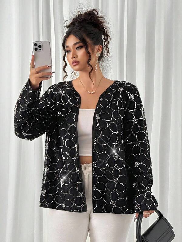 Elenzga Chaqueta elegante de talla grande con diseño floral 3D con lentejuelas