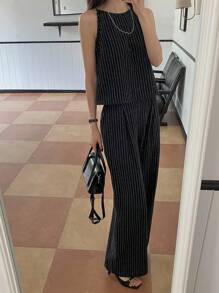 DAZY 女士夏季条纹露背背心和裤子两件套休闲套装 - 黑色 - 查看 7