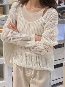 DAZY Hollow Out Long Sleeve Loose Casual Shawl Cover Up For Women,Fall Women Clothes - Beige - View 5