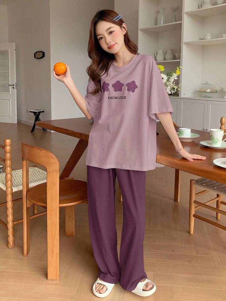 2pcs Women Casual Star Print Loose Short Sleeve Top And Pants Set, Loungewear Pajama