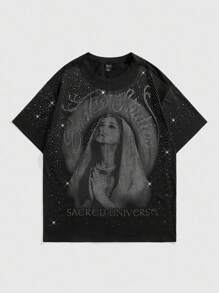 ROMWE MEN Street Life Camiseta de manga corta para hombres con gráfico de Madre Santísima y bordado de rhinestones, adecuada para uso diario en primavera/verano