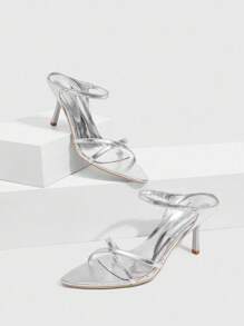 CUCCOO BIZCHIC 女士银色金属格子 PU 绑带时尚性感尖头细高跟凉鞋 - 銀色 - 查看 2