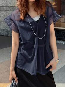 FRIFUL Women Mesh Ruffle Hem Loose Layered Casual Summer Tops, Beach Wear
