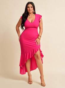 SHEIN BAE Robe moulante d'été à grande taille, col V profond sexy, dos croisé, ourlet asymétrique volupté, rose/rouge rose, tenue pour femmes
