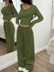 SHEIN EZwear 2 件套女士休闲军绿色褶皱圆领短款上衣和阔腿抽绳腰裤 - 軍綠色 - 查看 4
