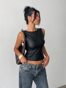 Aloruh Women's Elegant Black PU Backless Tank Tops,Summer Seksi Chic Club Y2K Millennium Music Festival Outing Style,Old Money Streetwear Punk Office Tops - Black - View 5