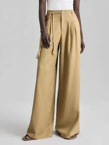 Ontre Pantalones de traje de lino de unicolor, de cintura alta, holgados y casuales, de moda para el verano en otoño/invierno - Caqui - Ver 4