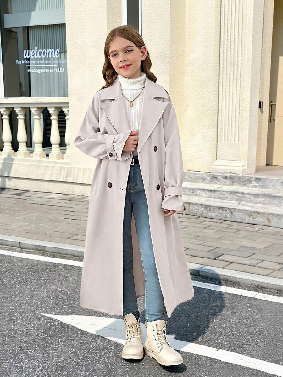 SHEIN Tween Girl Loose Fit Double Breasted Lapel Long Trench Coat, Casual Military Style, Suitable For Commuting And Outings, Girls Trench Coat, Long Coat Girls, Girls Coat, Fall Winter - Beige - View 1