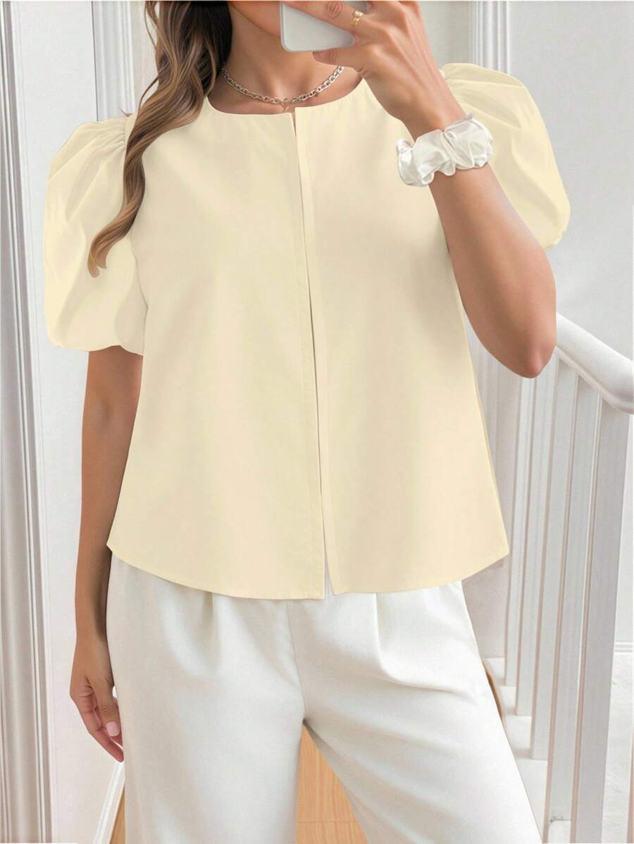 SHEIN Unity 女士纯色圆领短款灯笼袖休闲衬衫 - 杏色 - 查看 1