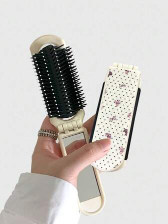 Kawaii 1pc Butterfly & Flower Back To School Print Folding Comb With Mirror, Compact Size