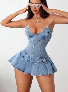 SHEIN ICON Plus Size Women's Summer Ruffled Hem Strapless Denim Dress - Blue - View 4