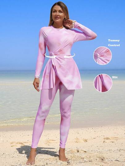 Swim Shayni Burkini de dos piezas con estampado de teñido anudado, cuello redondo, manga larga y cobertura completa para mujeres