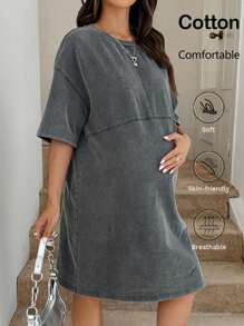 SHEIN Effen kleur zwangerschapsjurk met ronde hals en verlaagde schouders, casual zomerjurk met slijtage